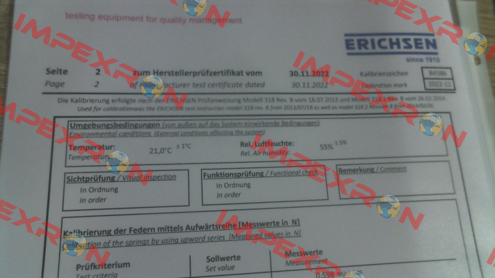 Calibration certificate for 00200131 Erichsen